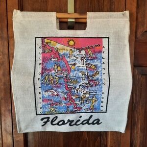 NWOT Vintage Florida graphic wood handle woven large reusable tote beach bag
